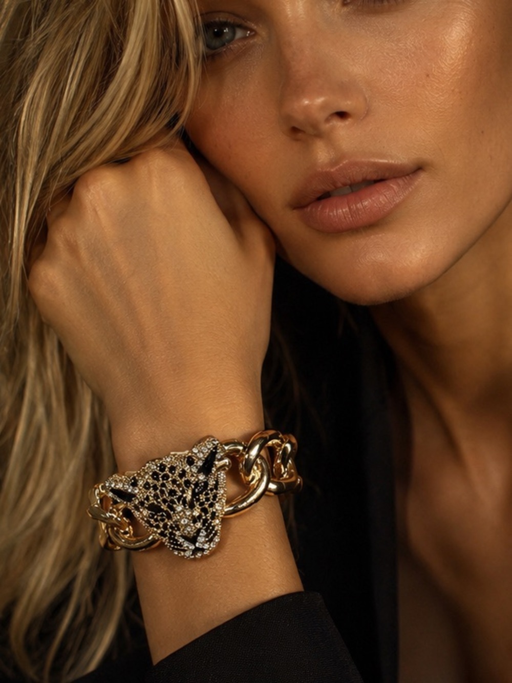 Cheetah Head Statement Bracelet | Silver & Gold Tone | Crystal Rhinestone Cuff - Picture 1 of 8